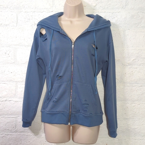 Distressed/Ripped Blue Zip Up Hoodie - Picture 3 of 10